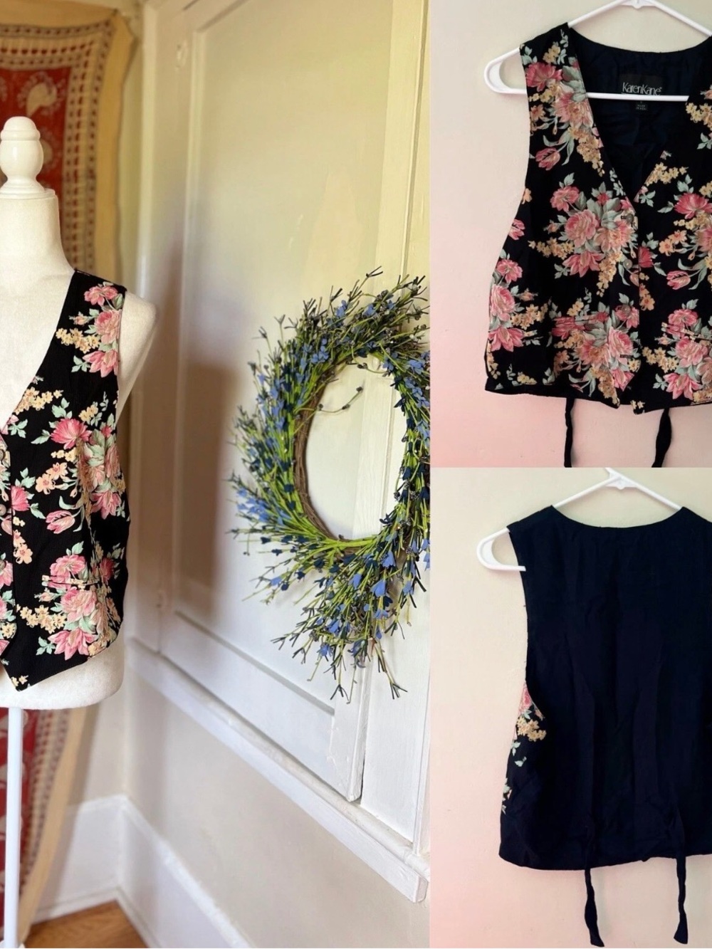 Karen Kane Black Floral V-Neck Tie-Back Vest with Pink and Cream Roses vintage